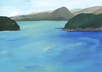 水彩絵の具で描いた青い海と入江の町のイラストレーション