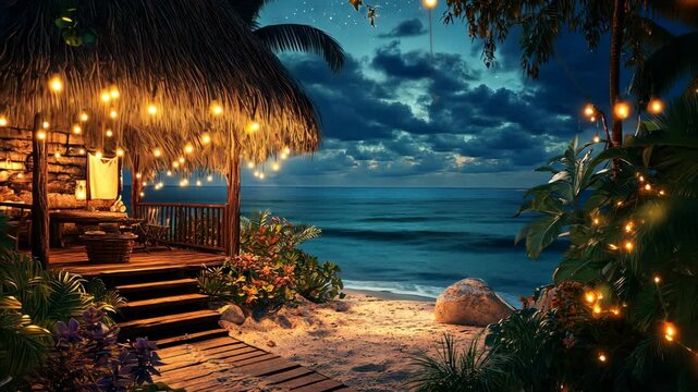 A cozy tiki hut with thatched roof overlooking the ocean, picture