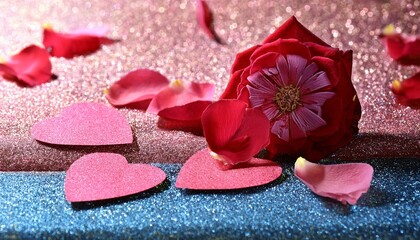 とハートのオブジェとキラキラと輝く背景。AIで生成