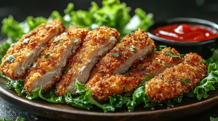 "Crispy Chicken Nuggets with Ketchup on Wooden Table: A Tempting Dark Background Delight"