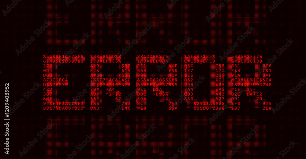 Fototapete Red ASCII Art ERROR Word Made from Random Letters and Numbers. Dark Binary Code Error. Concept of Protected Digital Data Leak. Hacker Attack Database Malware. Cyber Security Vector Background.