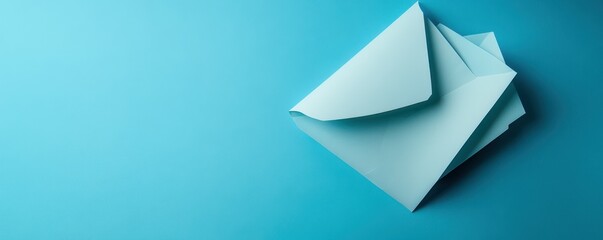 Top view photo of open blue envelope with paper sheet on isolated pastel blue background with empty space