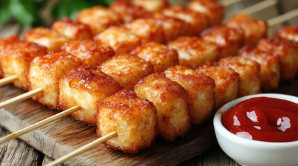  "Crispy Chicken Nuggets with Ketchup on Wooden Table: A Tempting Dark Background Delight"