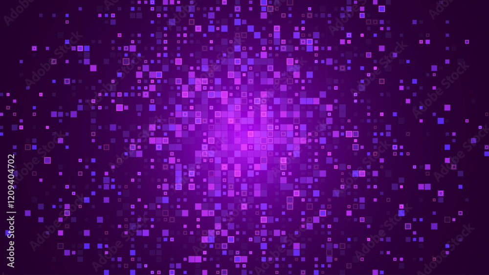 Poster Digital Purple Pixel Explosion. Abstract Virtual Cyber Space Data Flow. Halftone Pixel Effect Round Explosion. Vector Illustration.