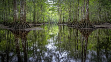 Obraz premium Cypress swamp tranquil reflection nature serenity