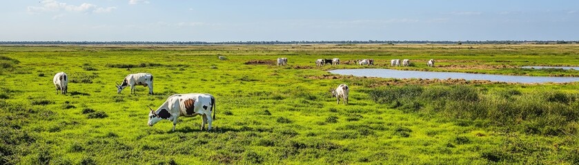 Fototapeta premium Cows graze in a lush green pasture, near a tranquil pond, under a sunny sky. Ideal for nature and agriculture