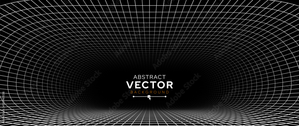 Poster White Grid Tunnel. Grid Frame Retrowave Party Flyer Background. Round Tunnel Mesh Backdrop. Abstract Digital Background. Vintage Computer Virtual Reality VR Tunnel Tech Vector Illustration.