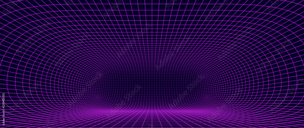 Poster Synthwave Grid Tunnel. Grid Frame Retrowave Party Flyer Background. Round Tunnel Mesh Backdrop. Abstract Digital Background. Vintage Computer Virtual Reality VR Tunnel Technology Vector Illustration.