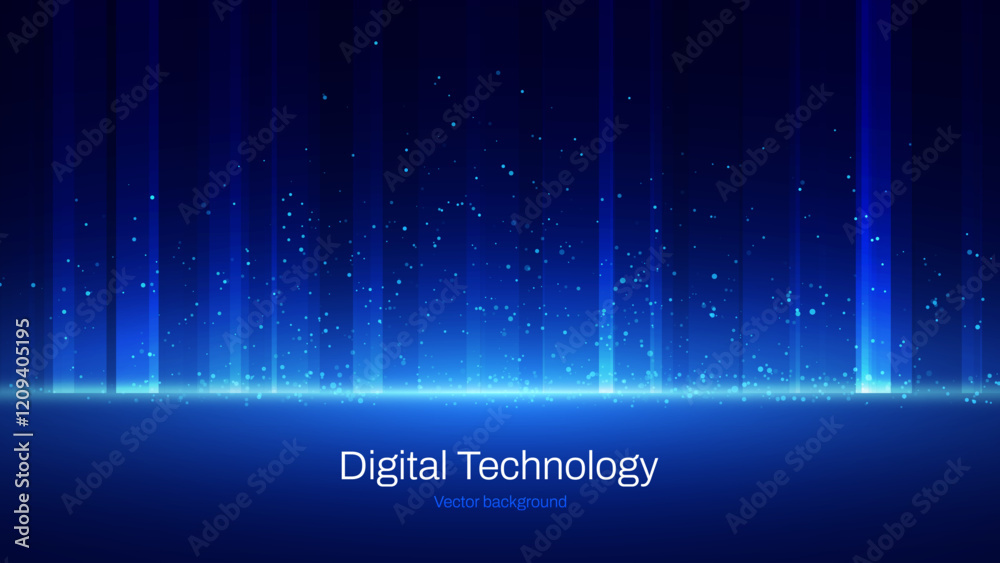Poster Abstract Digital Technology Background. Blue Light Effects. Digital Equalizer Sound Wave Visualization. Lights Flying Up. Vector for Your Graphic Design.