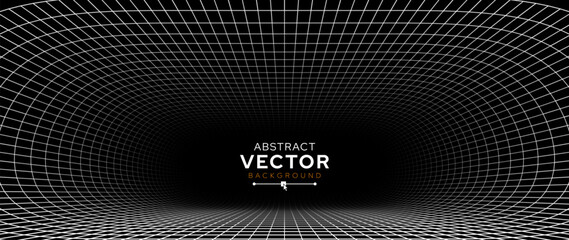 Fototapeta premium White Grid Tunnel. Grid Frame Retrowave Party Flyer Background. Round Tunnel Mesh Backdrop. Abstract Digital Background. Vintage Computer Virtual Reality VR Tunnel Tech Vector Illustration.