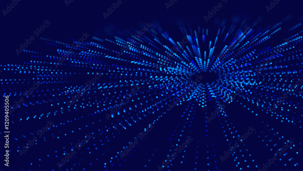 Poster Particles Blast Circle Frame. Particles Shockwave Explosion Effect Background. Abstract Digital Eye Iris. Radial Sound Explosion Wave Music Visualization. Vector Illustration.