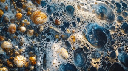 Close-up view of seashells in foamy seawater, showcasing nature's beauty and texture.