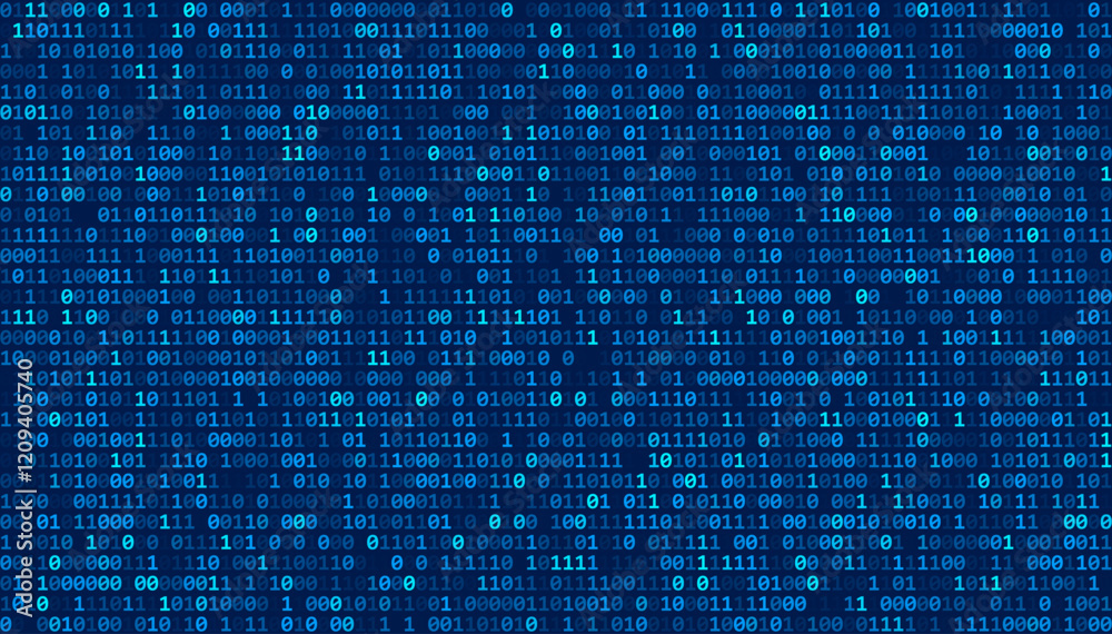 Fototapete Abstract Blue Binary Software Programming Code Background. Random Parts of Program Code. Digital Data Technology Concept. Random Binary Data Matrix Wide Vector Illustration.
