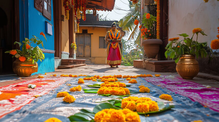 Gudi Padwa celebration in India with traditional gudi standing in the middle, decorated with bright colored silk cloth dan marigold flowers, Ai generated images