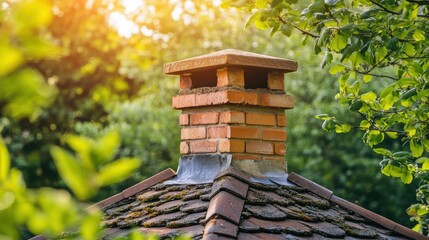 Naklejka premium Charming Brick Chimney with Greenery Background
