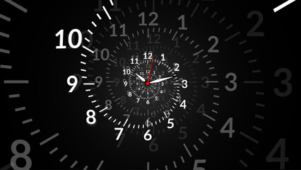 Clock Spiral Dial. Clock in Space. Time Travel Infinity Universe Concept Metaphor. Infinite Time is Flying Fast Future Concept. Timeless. Vector Illustration.