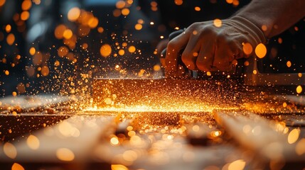 Glowing Sparks and Hand in Action During Metalworking Process Captured in Stunning Detail with Dramatic Lighting and Vibrant Orange Glow