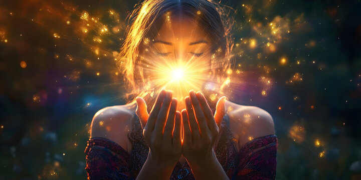 Shaman astrology ritual, psychology freedom enjoy mystic mind power, fun live joy concept Spiritual head portrait, woman praying outdoors, good nature sunrise fresh sunset air, astrology soul closeup.