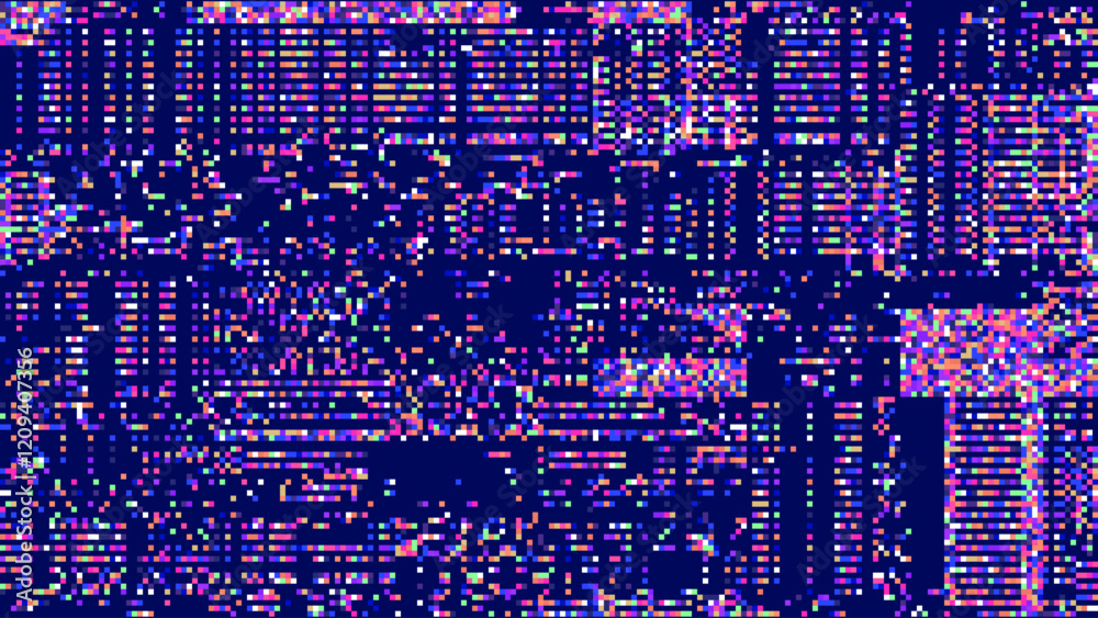 Poster Abstract Technology Futuristic Digital Square Pattern. Square Pixel Glitch Dither Dark Purple Background. Rectangle Particles Metaverse Concept Backdrop, Virtual Cyber Space. Vector Illustration.