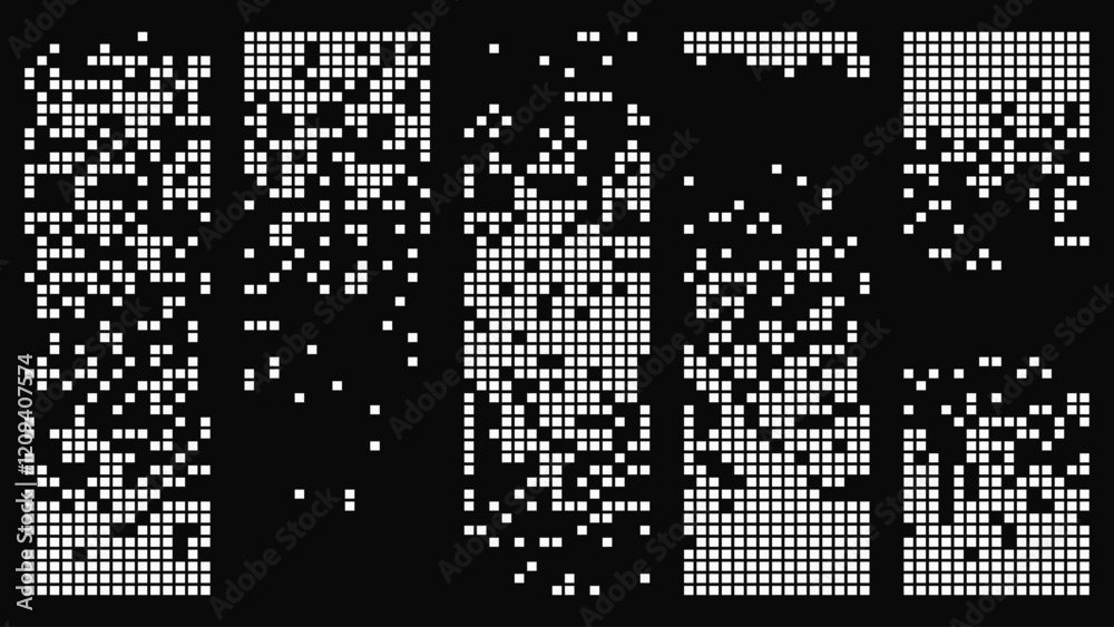 Aufkleber 1-bit Pixel Dithering Gradients Set. Dissolve Effect Banners. Disintegration Pixel Art Effect. Vector Banner Elements. Disappear Rectangle Texture. Dissolved Pixels. Vector