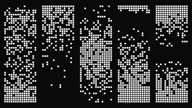 1-bit Pixel Dithering Gradients Set. Dissolve Effect Banners. Disintegration Pixel Art Effect. Vector Banner Elements. Disappear Rectangle Texture. Dissolved Pixels. Vector