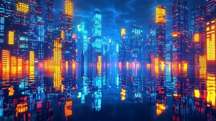 Futuristic city skyline reflected in water at night, vibrant neon lights.