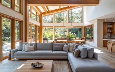 Fototapeta premium A contemporary light-filled interior with a gray Scandinavian sofa, neutral furnishings, and a warm, inviting atmosphere