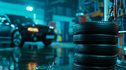 A close-up of a stack of car tires next to a tool rack in an auto repair shop, with a vehicle undergoing an oil change in the background