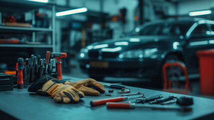 Fototapeta premium A detailed shot of an auto repair shop workbench filled with tools, grease-stained gloves, and a car jack nearby, symbolizing the meticulous care of vehicles