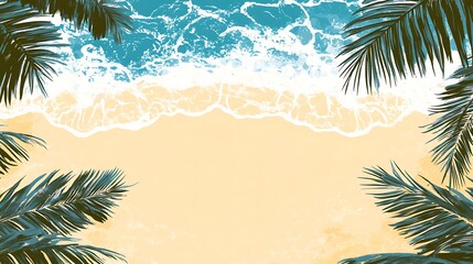 Tropical Beach Scene with Palm Fronds and Ocean Waves
