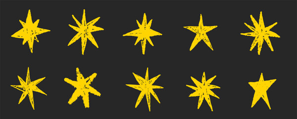 Yellow pencil star pen crayon pastel Hand drawn blinking spark doodle sketch scribble decorative scrapbook flare glare light vector illustrations