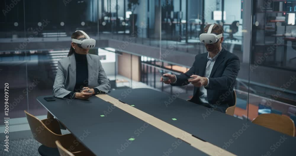 Aufkleber executives sit in a room, wear vr sets and make a product launch presentation to investors in a virt