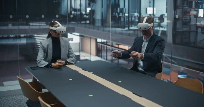 Executives Sit in a Room, Wear VR Sets and Make a Product Launch Presentation to Investors in a Virtual Reality Meeting. They Make an Interactive Product Demonstration. VFX Template with Placeholders
