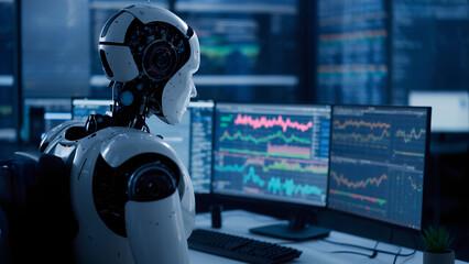 An engineer working on algorithm training, with colorful data displays filling the workspace.