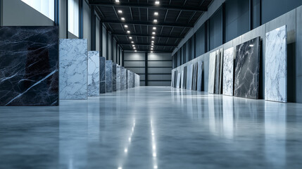Polished marble slabs in a spacious warehouse, their natural veining and patterns illuminated by soft overhead lighting, symbolizing elegance and timeless luxury