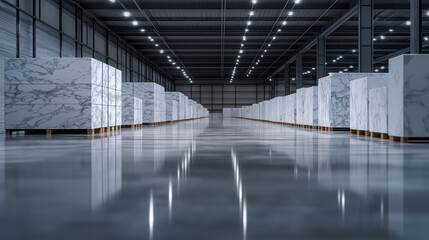Obraz premium A stack of pristine white marble slabs with intricate gray veins, carefully arranged in a modern warehouse with reflective concrete floors and high ceilings