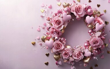 A pastel pink and gold wreath decorated with small roses and heart-shaped ornaments for Valentines Day and 8 March