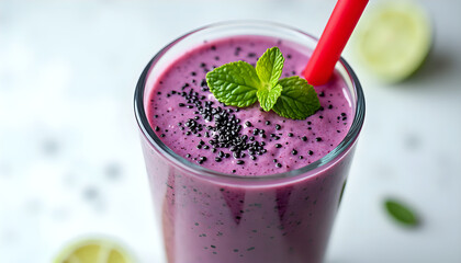 A glass of blueberry smoothie with a red straw.