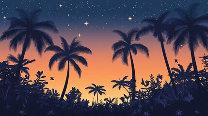 Obraz premium Sunset Sky Over Tropical Silhouette with Stars and Palm Trees