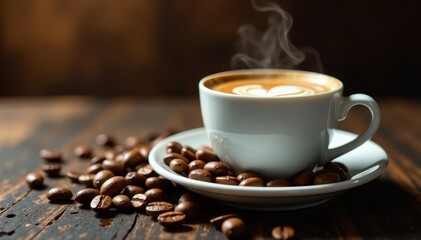 Fototapeta premium Espresso cup with coffee beans brewing coffee concept, hot beverage, coffee maker