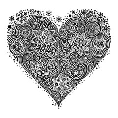 snowflakes and swirling patterns forming a heart shape, symbolizing winter and festive cheer sketch engraving generative ai PNG illustration. Scratch board imitation. Black and white image.
