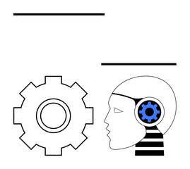 Human profile with embedded gear head and adjacent cogwheel. Ideal for AI development, future tech, robotics, innovation, problem-solving, machine learning, automation, abstract line flat metaphor