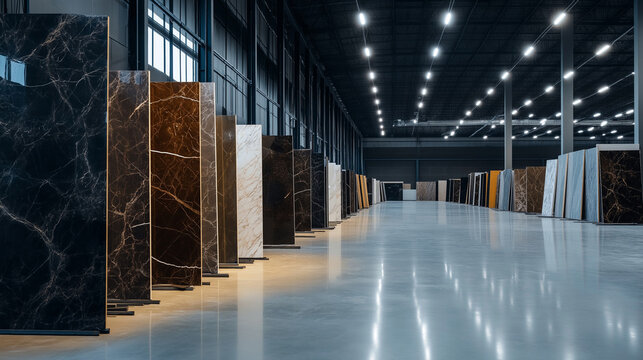 Polished marble slabs in earthy tones, leaning against steel racks in a spacious warehouse with organized sections and bright LED lighting