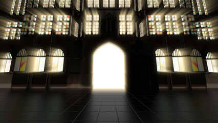 3d Illustration of a gothic building with god rays shining through the windows