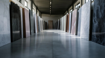 A variety of premium marble slabs, from delicate pink to classic Carrara white, organized meticulously in a clean and contemporary storage facility