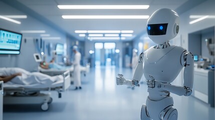 A robotic assistant providing medical support in a modern healthcare facility, clean and sophisticated environment with a focus on healthcare technology, Healthcare style