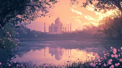 Tranquil Sunrise at the Taj Mahal Surrounded by Blossoming Flowers