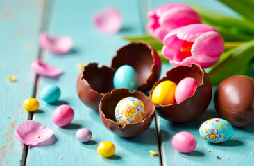 Obraz premium Easter eggs in bright colors rest with chocolate shells and tulips on a rustic table, celebrating spring