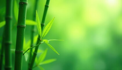 Naklejka premium Gentle bamboo leaves in soft focus, fading into misty green background, greenery, nature scene