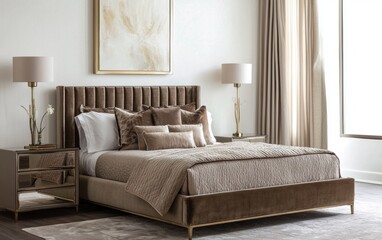 Fototapeta premium A sleek modern bedroom with a velvet-upholstered bed, metallic bedside table, and statement lighting, set against a refined neutral color palette